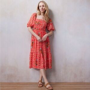 LC Lauren Conrad Coral Red Floral Puff Sleeve Midi Dress Womens M